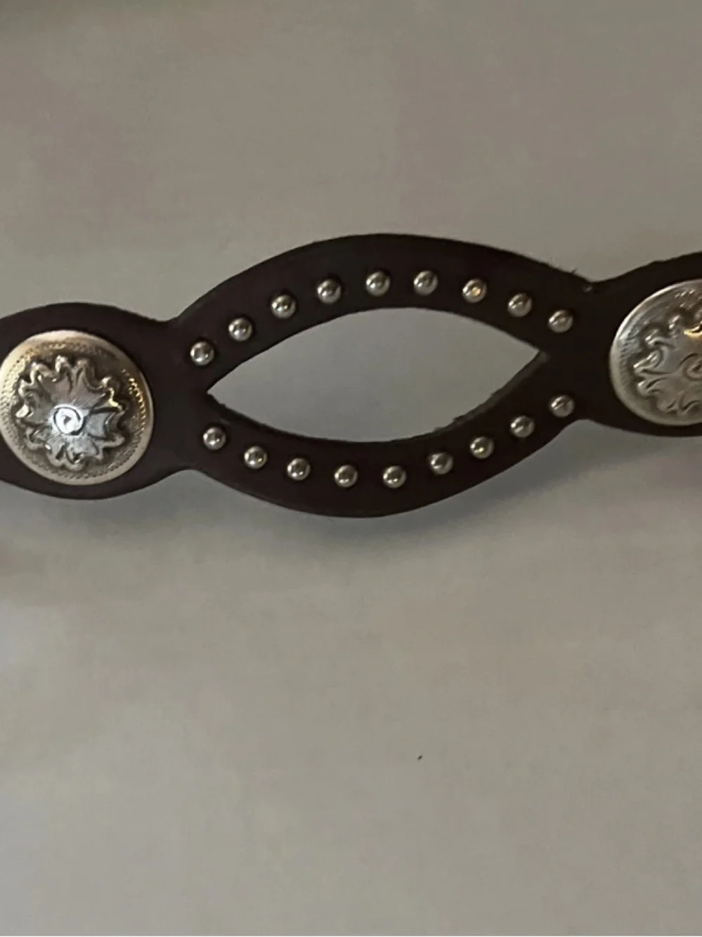 Women’s Adjustable Leather Belt with Silver Buckle and Conchos; Leather 40” long